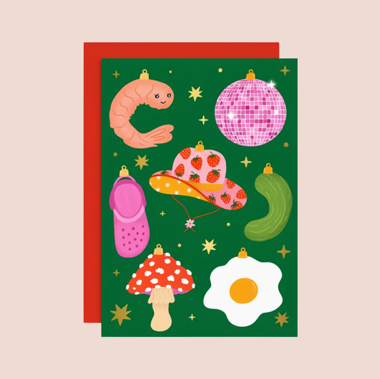 Kitsch Christmas Baubles Illustrated Christmas Card