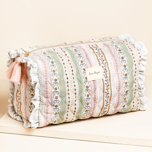 Green and Pink Floral Quilted Washbag - Large