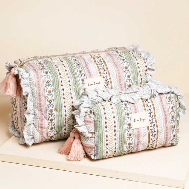 Green and Pink Floral Quilted Washbag - Large