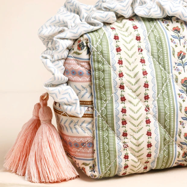 Green and Pink Floral Quilted Washbag - Small