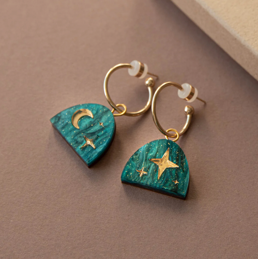 Teal Moon & Stars Handmade Earrings